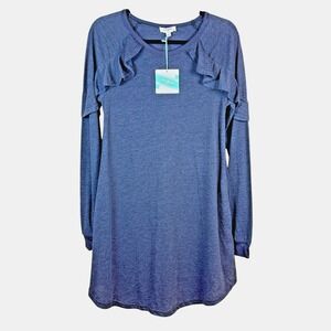Umgee Long Sleeve Ruffle‎ Knit Dress Womens Small Heather Blue Pockets NWT